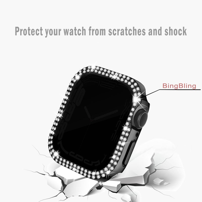 Lesampo Women Sparkly iWatch Screen Protector Case Compatible with Apple Watch Band 38mm 40mm 41mm 42mm 44mm 45mm 46mm Series,No_Glass Slim Bling Bumper (Black+Rose Golden+Starlight, 45 MM) - Image 4